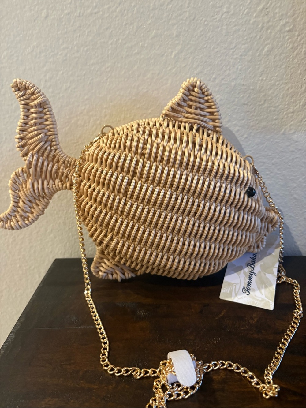 Tommy Bahama Natural Beige Woven Fish Shoulder Bag with Gold Chain